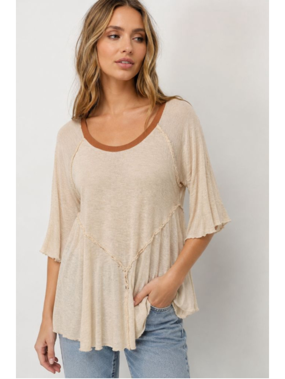 Free People Intimately Small Boho Babydoll Tunic Top Cream Raw Hem Soft Knit